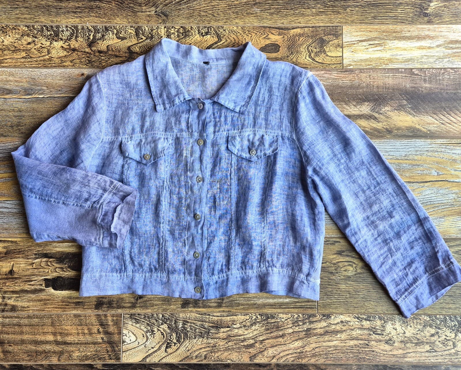 Made in Italy Linen Cotton Cropped Light Jacket 3/4 Sleeve Button Blue Bust 42" - Thumbnail 4