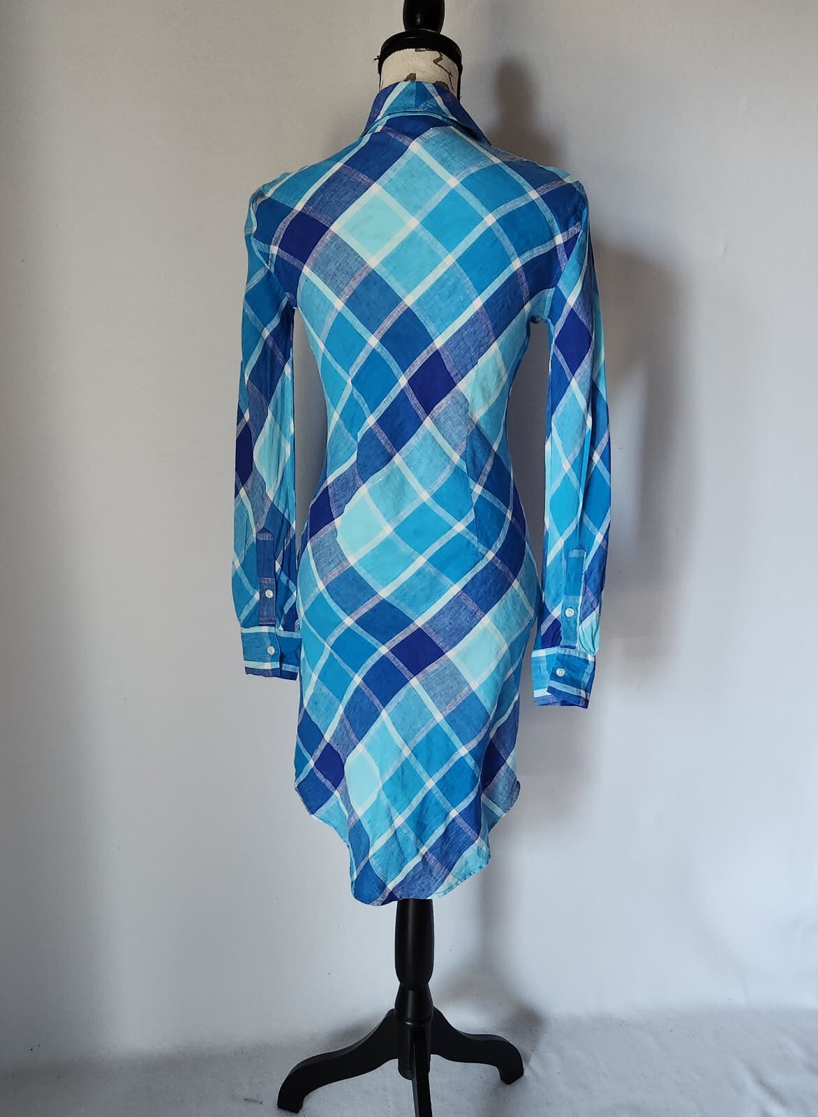 MODA International 100% Linen Plaid Midi Shirt Dress Long Sleeve Blue Women Sz.O - Thumbnail 5