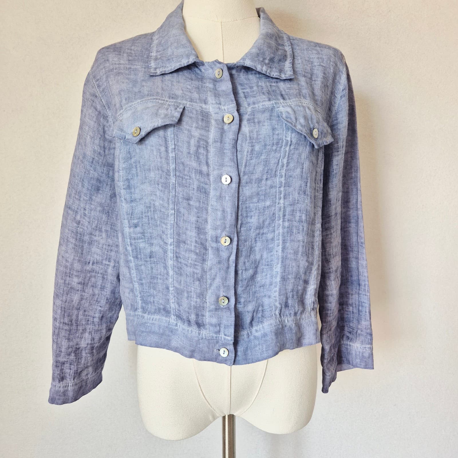 Made in Italy Linen Cotton Cropped Light Jacket 3/4 Sleeve Button Blue Bust 42" - Thumbnail 2