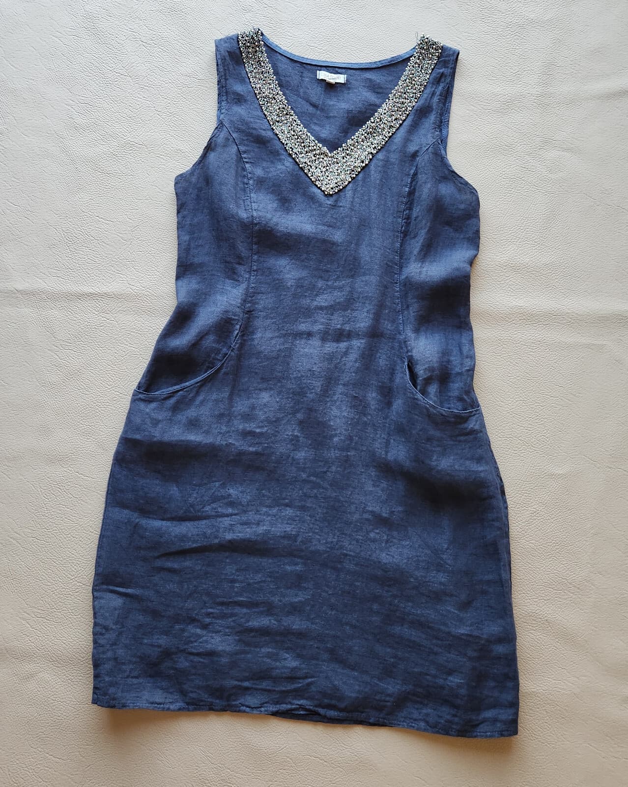Lina Tomei Made in Italy Linen Beaded Shift Dress Sleeveless Pocket Blue Sz.M - Thumbnail 7