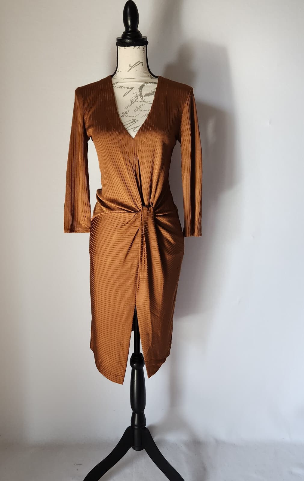 Free People Irene Twist Ribbed Knit Dress V-Neck 3/4 Sleeve Brown Women Sz.S - Thumbnail 2