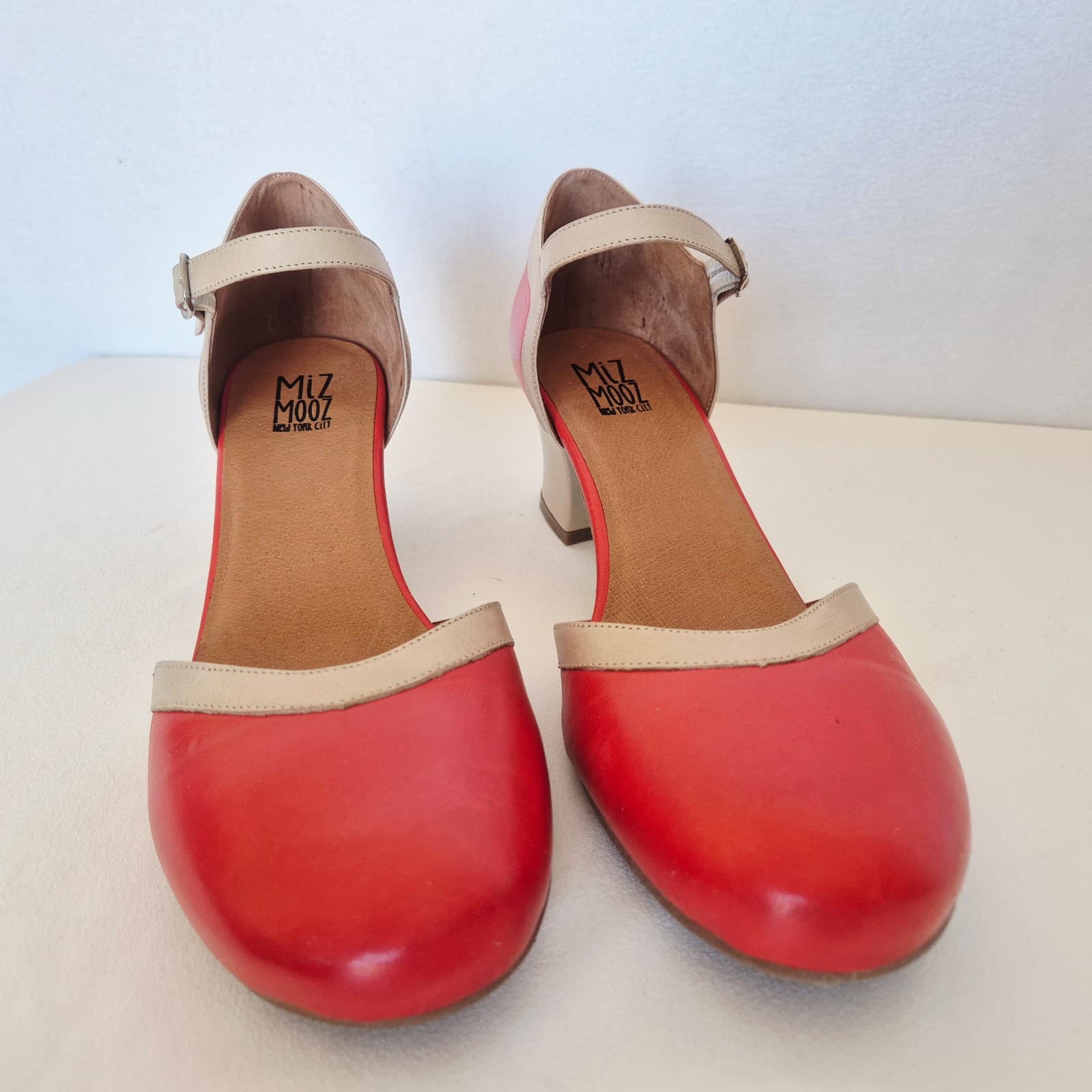 NWoB Miz Mooz Fleet Red Beige Leather Pumps 2" Block Heel Ankle Buckle US11/EU42 - Thumbnail 4