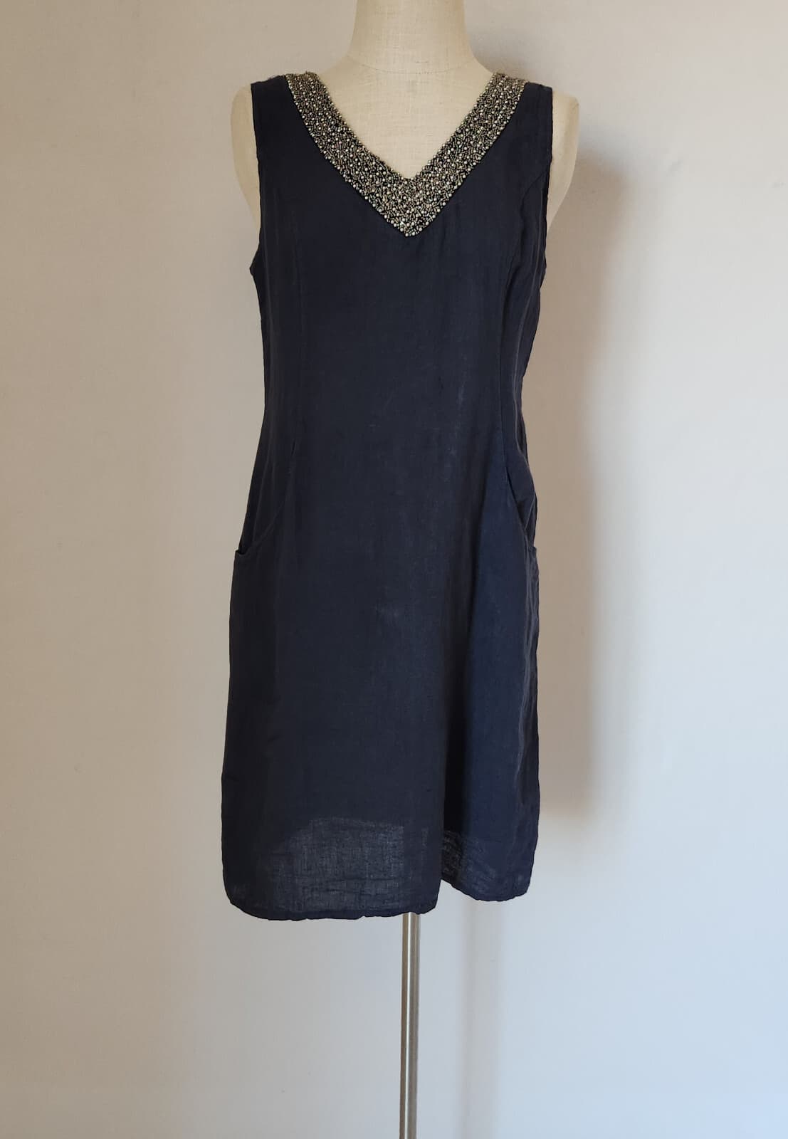 Lina Tomei Made in Italy Linen Beaded Shift Dress Sleeveless Pocket Blue Sz.M - Thumbnail 2