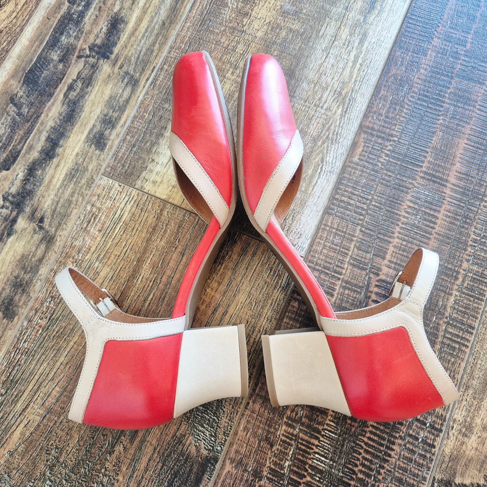 NWoB Miz Mooz Fleet Red Beige Leather Pumps 2" Block Heel Ankle Buckle US11/EU42 - Thumbnail 9