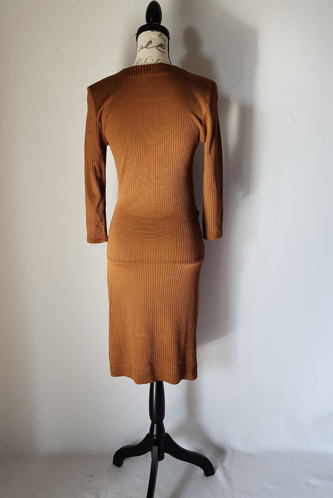 Free People Irene Twist Ribbed Knit Dress V-Neck 3/4 Sleeve Brown Women Sz.S - Thumbnail 5