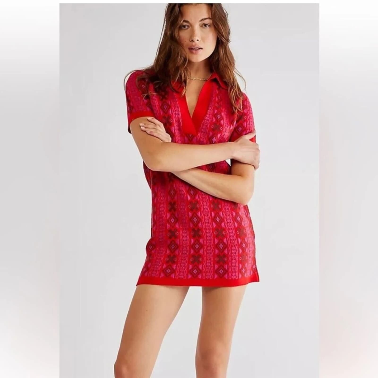Free People Kitt Mini Sweater Dress Collar Short Sleeve Wool Blend Red Womens XS - Thumbnail 2