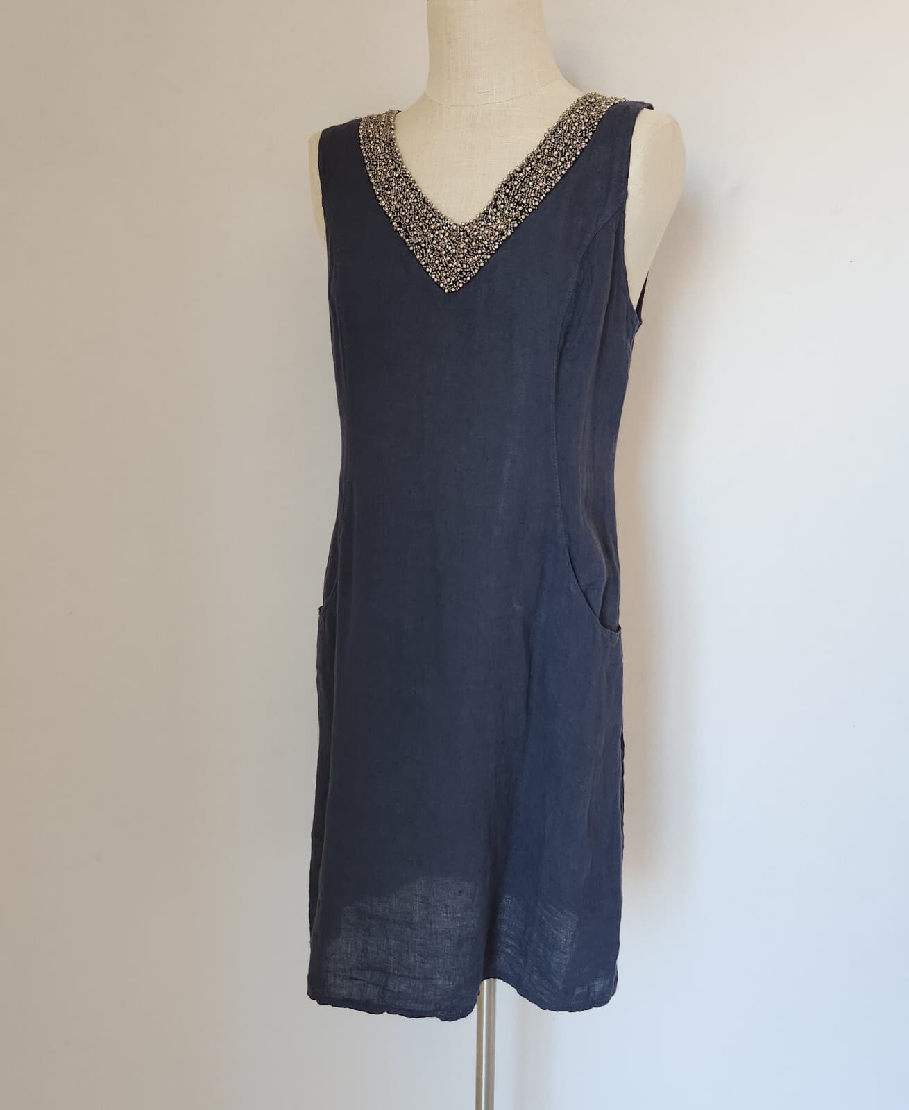 Lina Tomei Made in Italy Linen Beaded Shift Dress Sleeveless Pocket Blue Sz.M