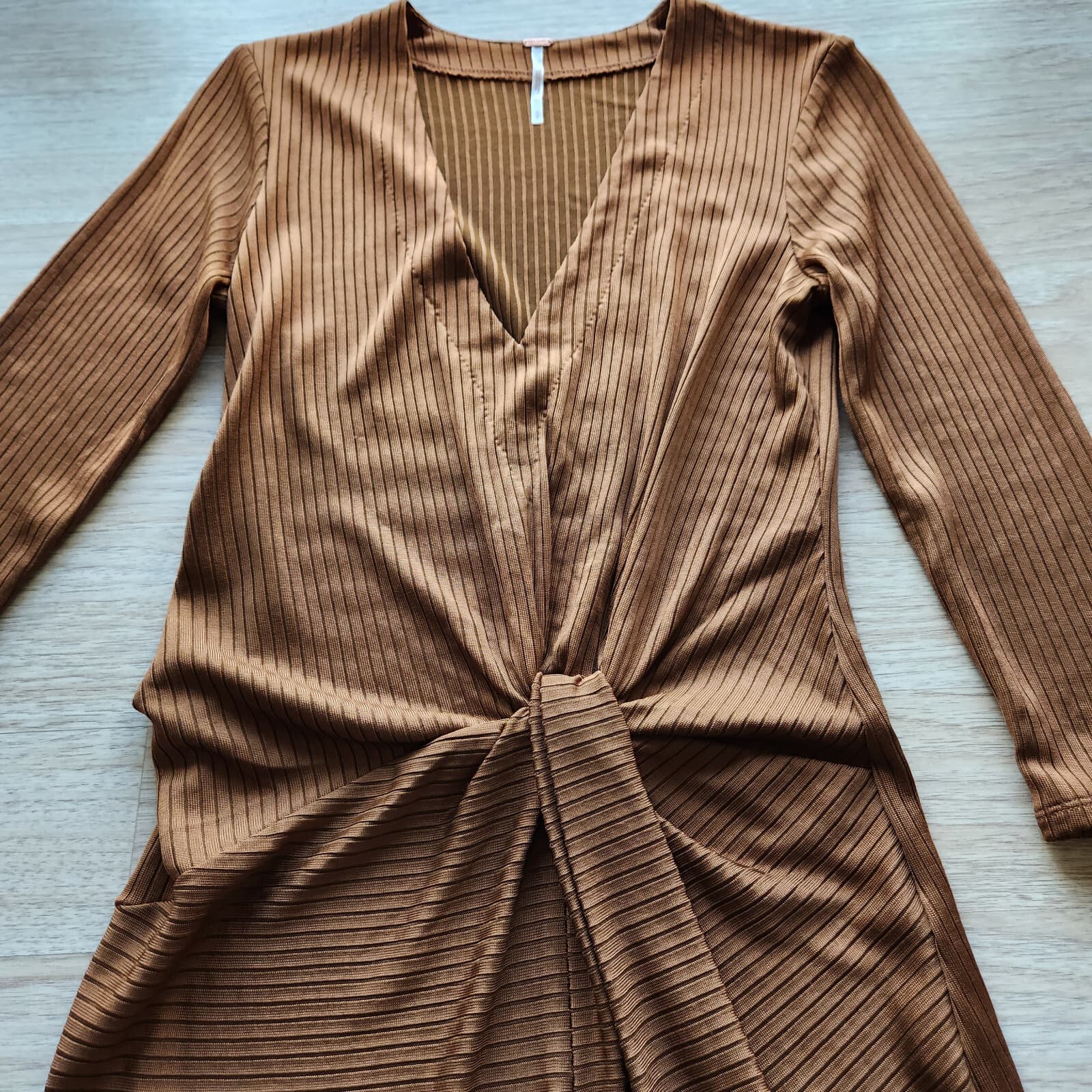 Free People Irene Twist Ribbed Knit Dress V-Neck 3/4 Sleeve Brown Women Sz.S - Thumbnail 7