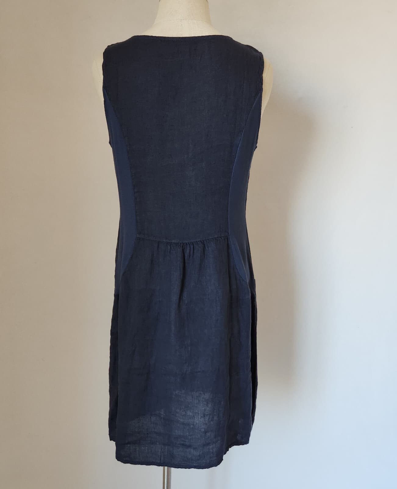 Lina Tomei Made in Italy Linen Beaded Shift Dress Sleeveless Pocket Blue Sz.M - Thumbnail 6