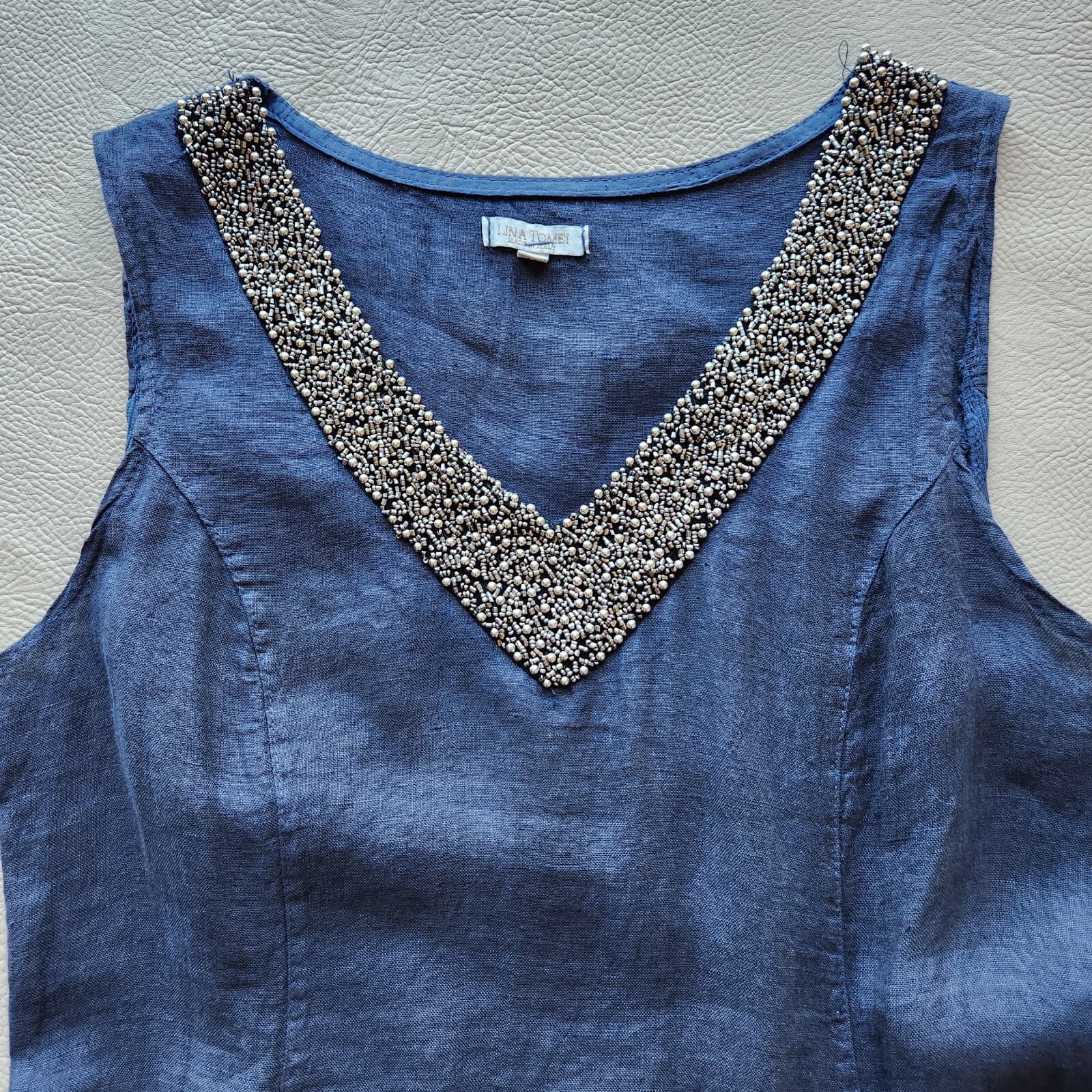 Lina Tomei Made in Italy Linen Beaded Shift Dress Sleeveless Pocket Blue Sz.M - Thumbnail 8