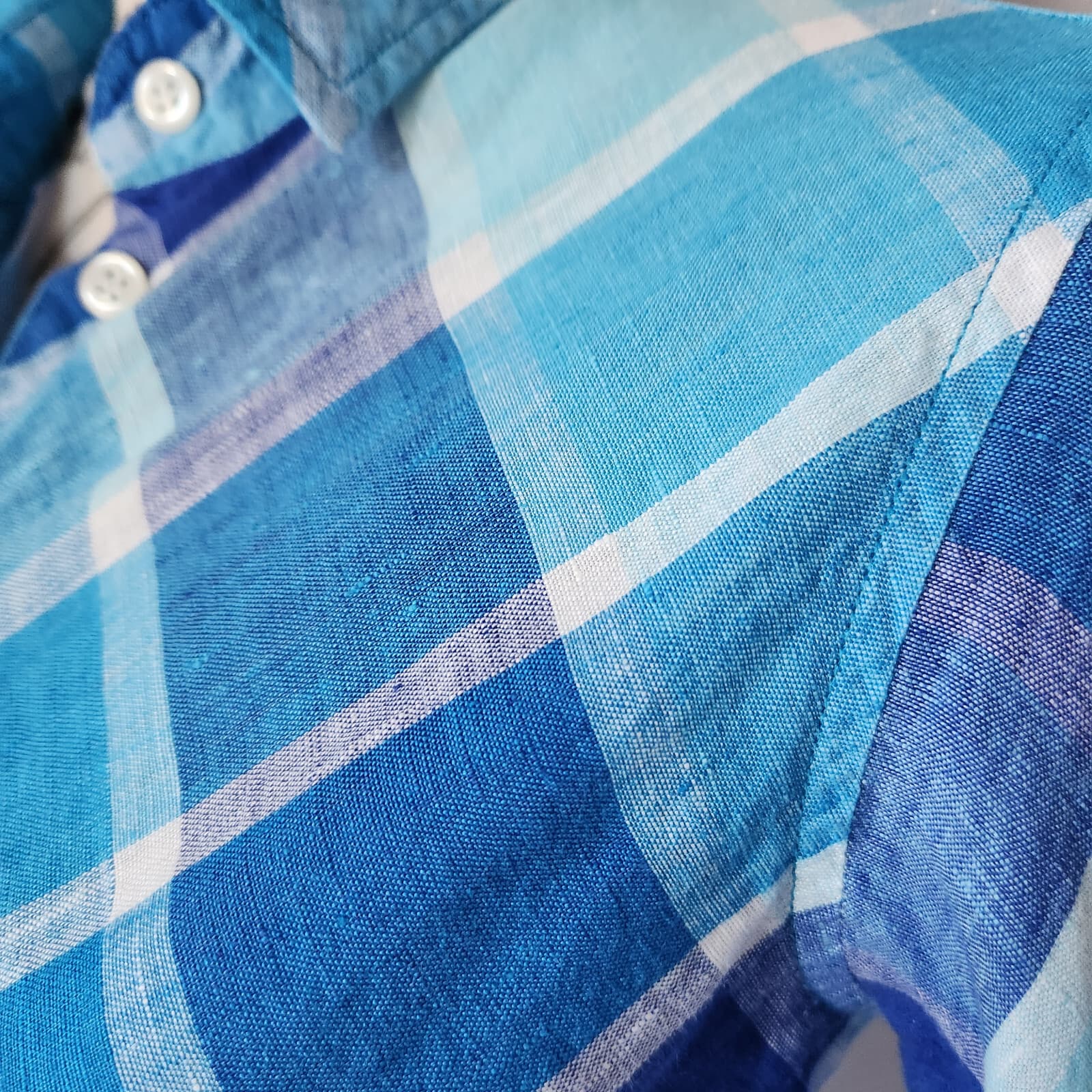 MODA International 100% Linen Plaid Midi Shirt Dress Long Sleeve Blue Women Sz.O - Thumbnail 4