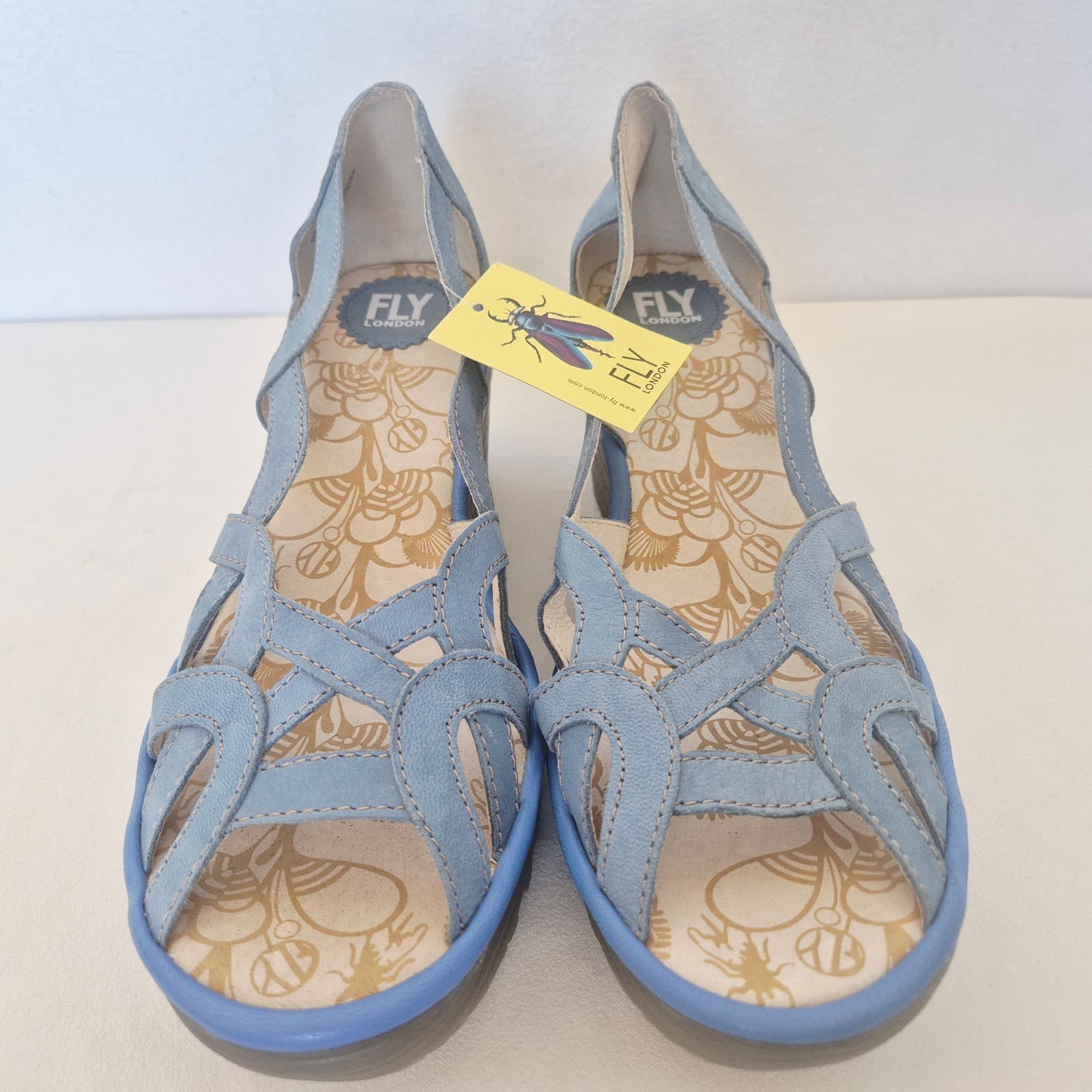 NWoB Fly London Yadi Blue Leather Peep-Toe Slip-On 2.5 Wedge Sandals EU42 US10.5 - Thumbnail 5