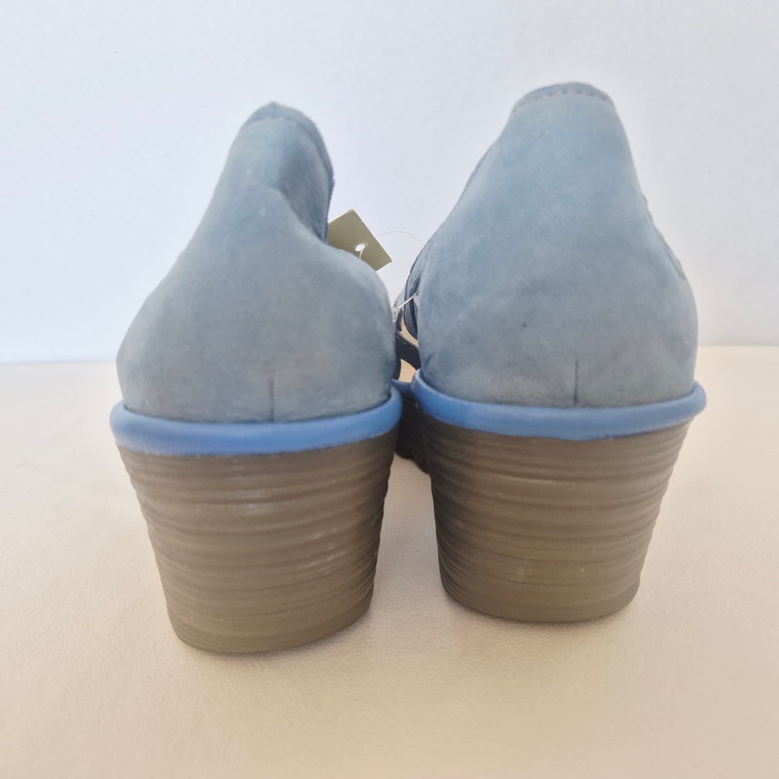 NWoB Fly London Yadi Blue Leather Peep-Toe Slip-On 2.5 Wedge Sandals EU42 US10.5 - Thumbnail 7