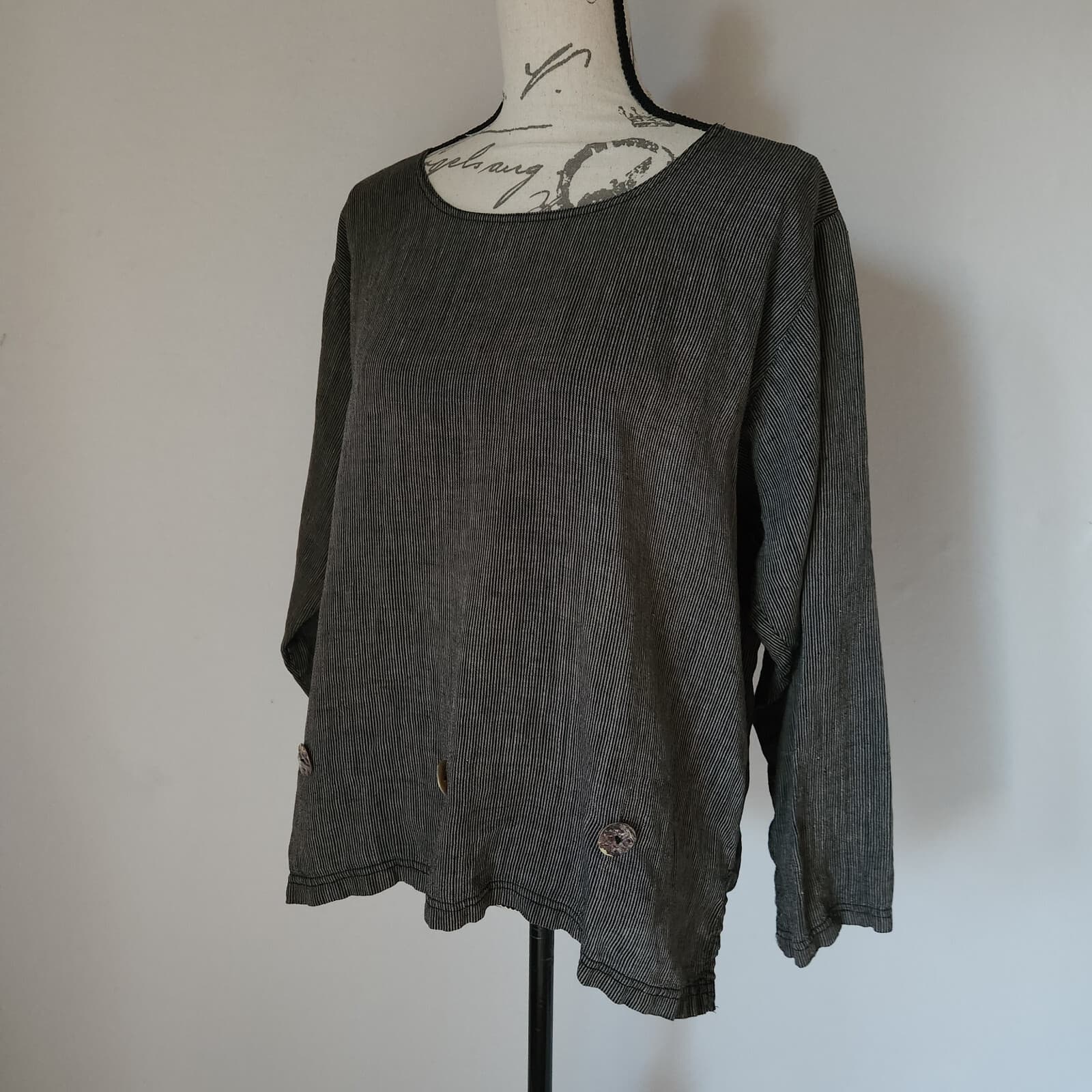 What's Up Lagenlook Linen Pinstripe Top Button-Accent Long Sleeve Black Women S - Thumbnail 2