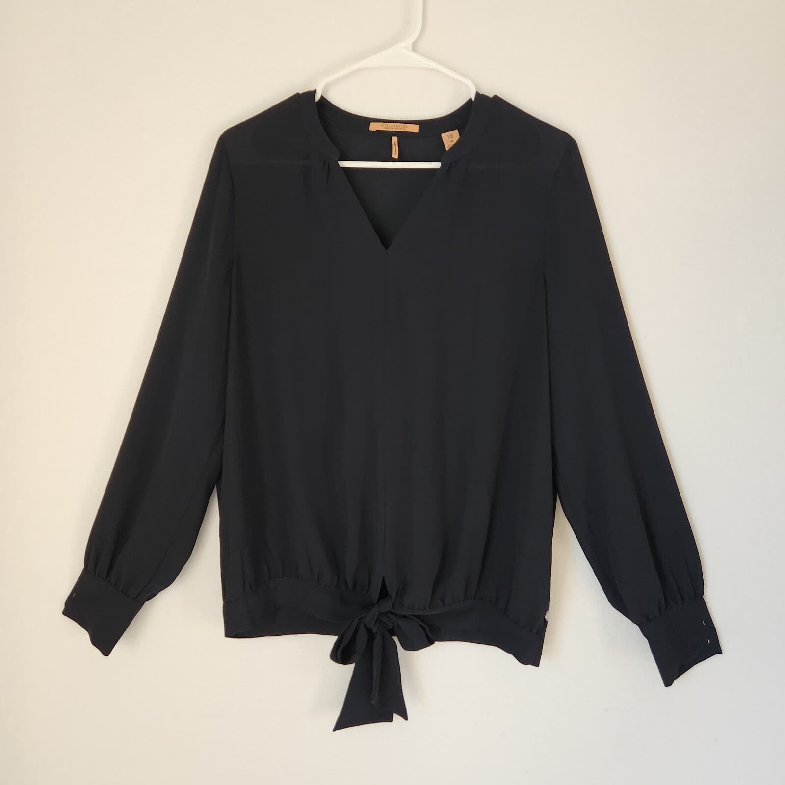 Scotch & Soda Chiffon Tie-Front Blouse Popover V-Neck Long Sleeve Black Womens M - Thumbnail 2