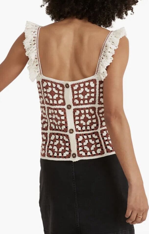 Marine Layer $128 Cora Crochet Tank Top Square Neck Cotton Blend Brown White M - Thumbnail 6