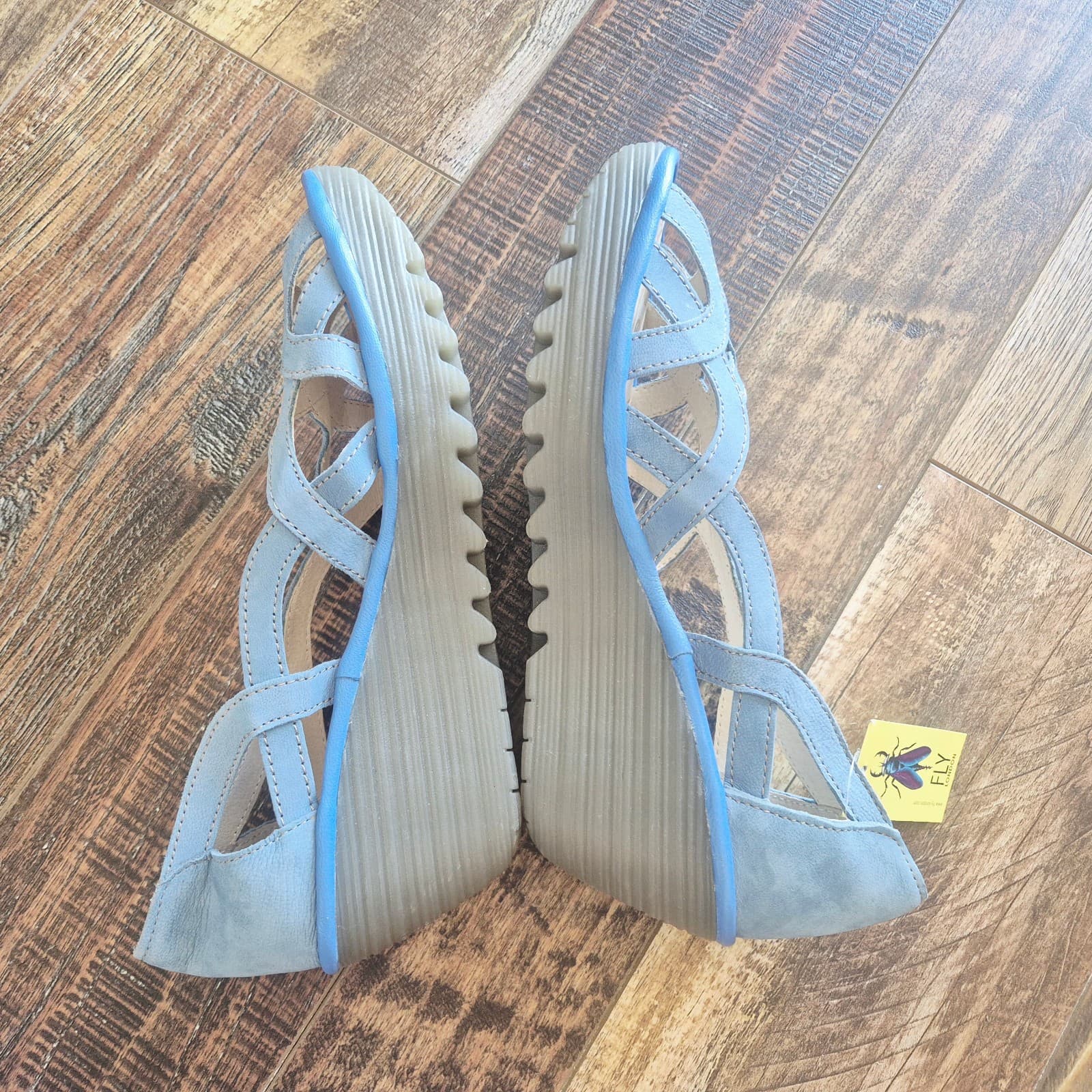 NWoB Fly London Yadi Blue Leather Peep-Toe Slip-On 2.5 Wedge Sandals EU42 US10.5 - Thumbnail 9