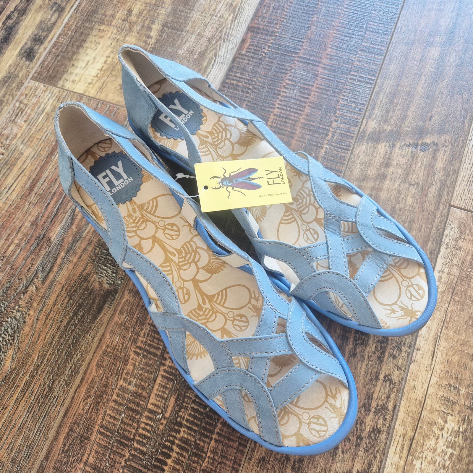 NWoB Fly London Yadi Blue Leather Peep-Toe Slip-On 2.5 Wedge Sandals EU42 US10.5 - Thumbnail 2