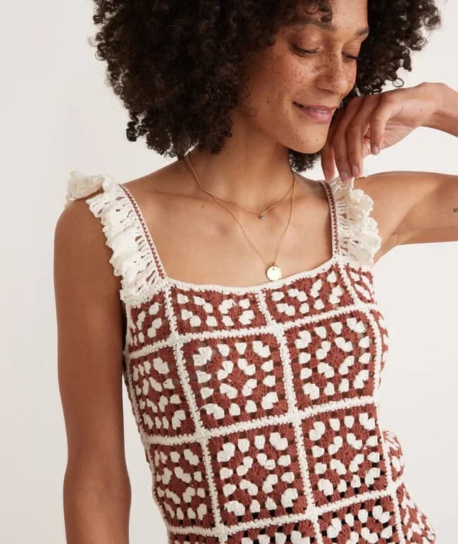 Marine Layer $128 Cora Crochet Tank Top Square Neck Cotton Blend Brown White M - Thumbnail 3