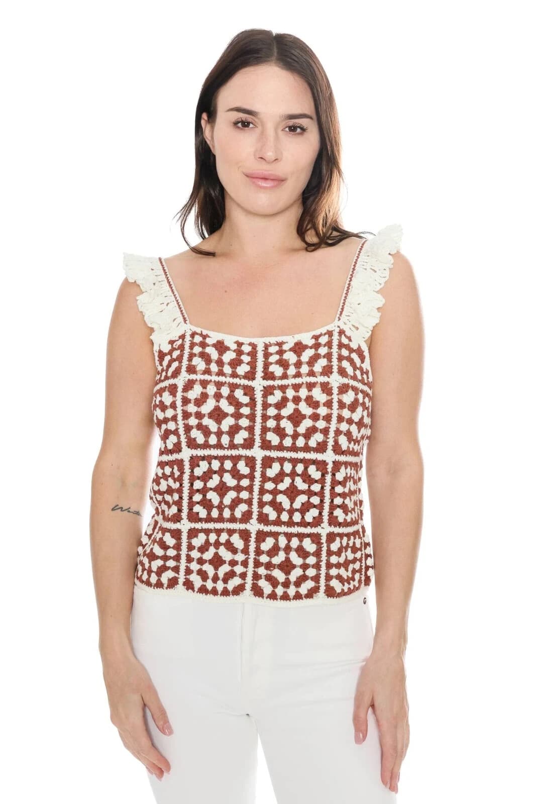 Marine Layer $128 Cora Crochet Tank Top Square Neck Cotton Blend Brown White M - Thumbnail 5