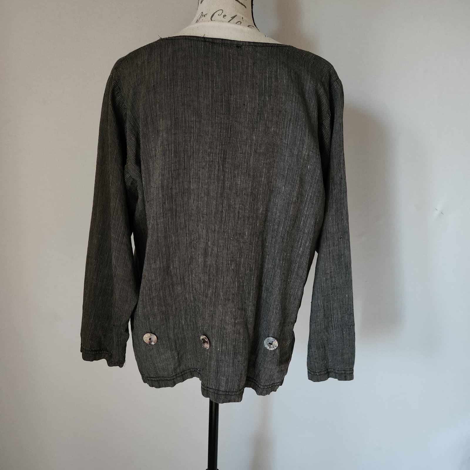 What's Up Lagenlook Linen Pinstripe Top Button-Accent Long Sleeve Black Women S - Thumbnail 7