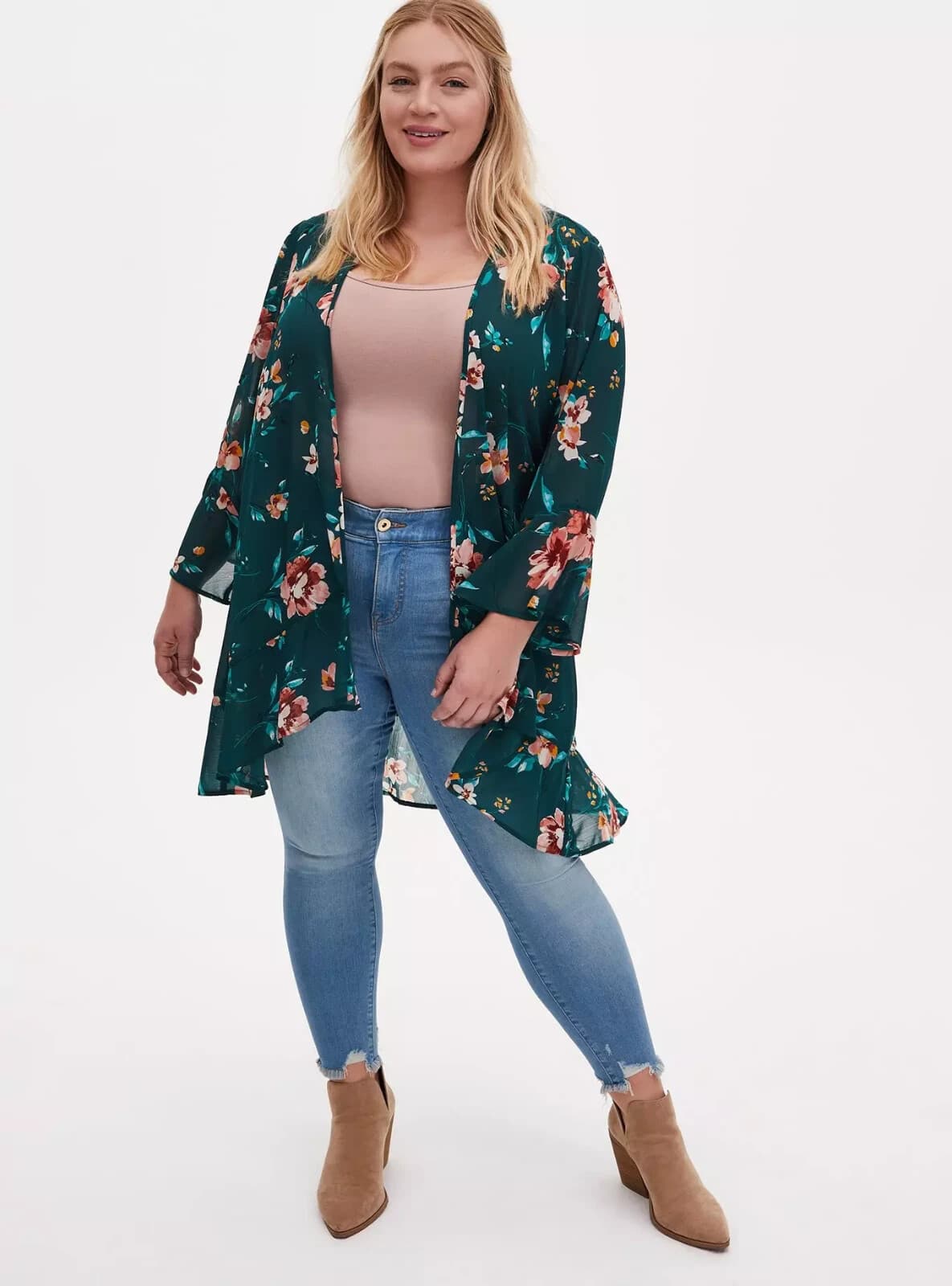 NWT Torrid $55 Floral Sheer Chiffon Tulip Sleeve Kimono Top Ruffle-Hem Green 2X - Thumbnail 5