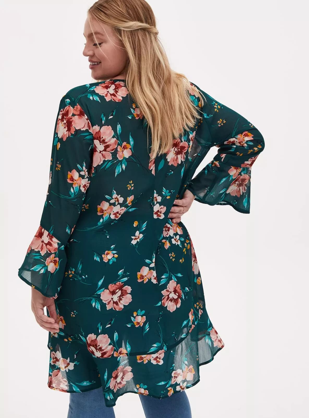 NWT Torrid $55 Floral Sheer Chiffon Tulip Sleeve Kimono Top Ruffle-Hem Green 2X - Thumbnail 8