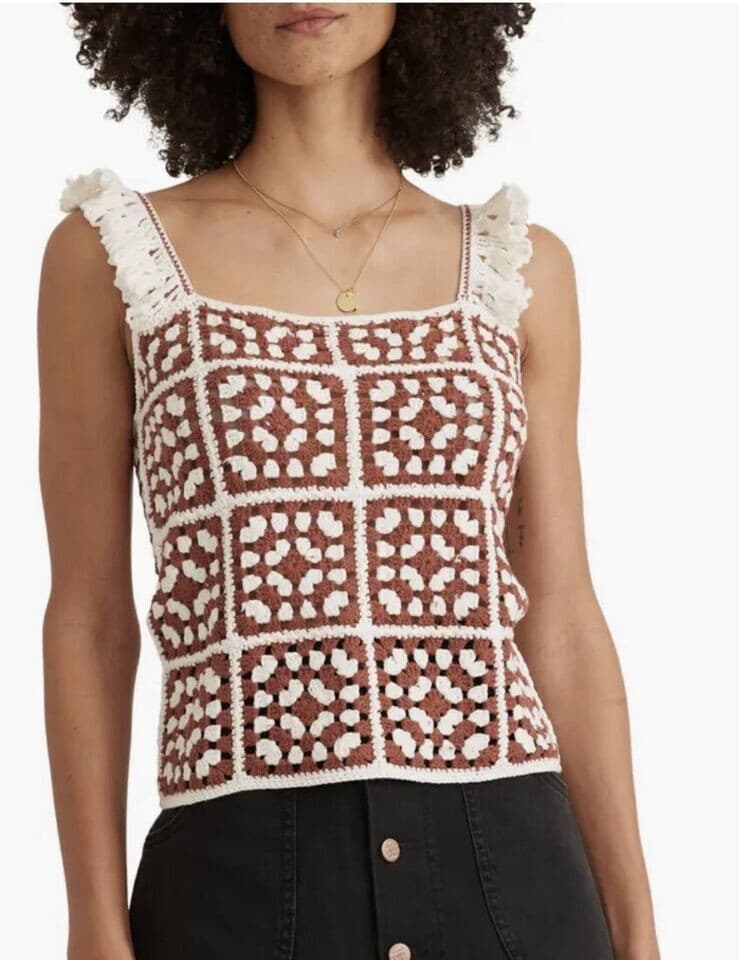 Marine Layer $128 Cora Crochet Tank Top Square Neck Cotton Blend Brown White M - Thumbnail 7