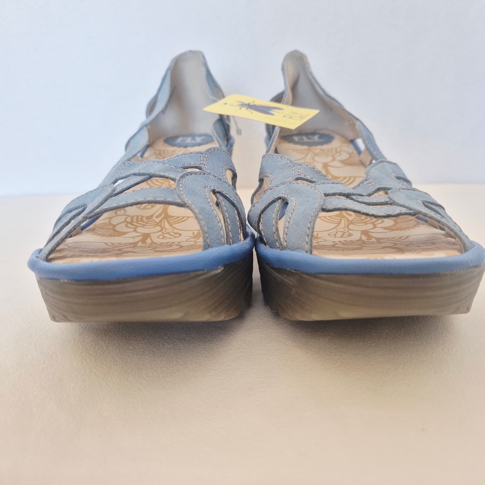 NWoB Fly London Yadi Blue Leather Peep-Toe Slip-On 2.5 Wedge Sandals EU42 US10.5 - Thumbnail 6