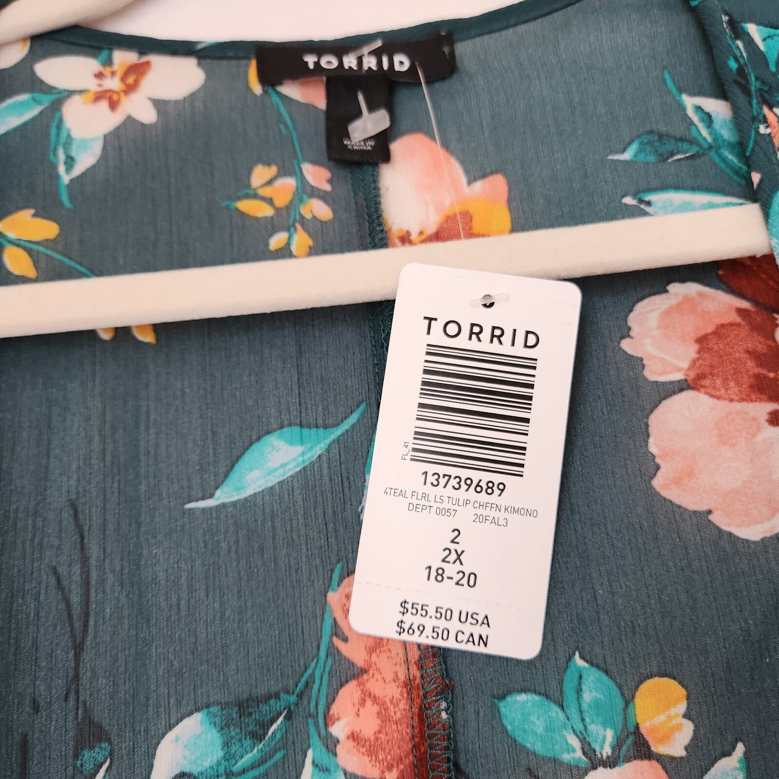 NWT Torrid $55 Floral Sheer Chiffon Tulip Sleeve Kimono Top Ruffle-Hem Green 2X - Thumbnail 10