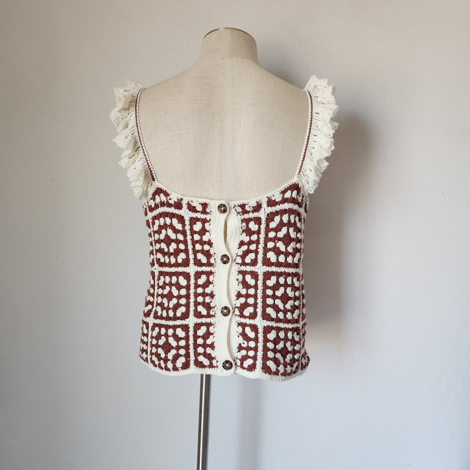 Marine Layer $128 Cora Crochet Tank Top Square Neck Cotton Blend Brown White M - Thumbnail 9