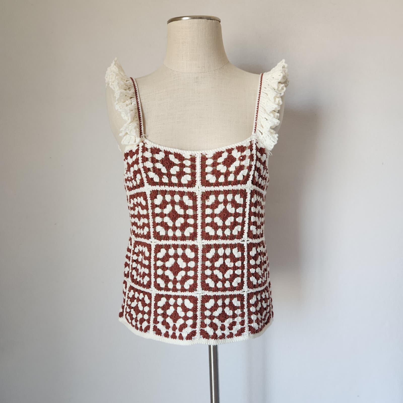 Marine Layer $128 Cora Crochet Tank Top Square Neck Cotton Blend Brown White M - Thumbnail 2