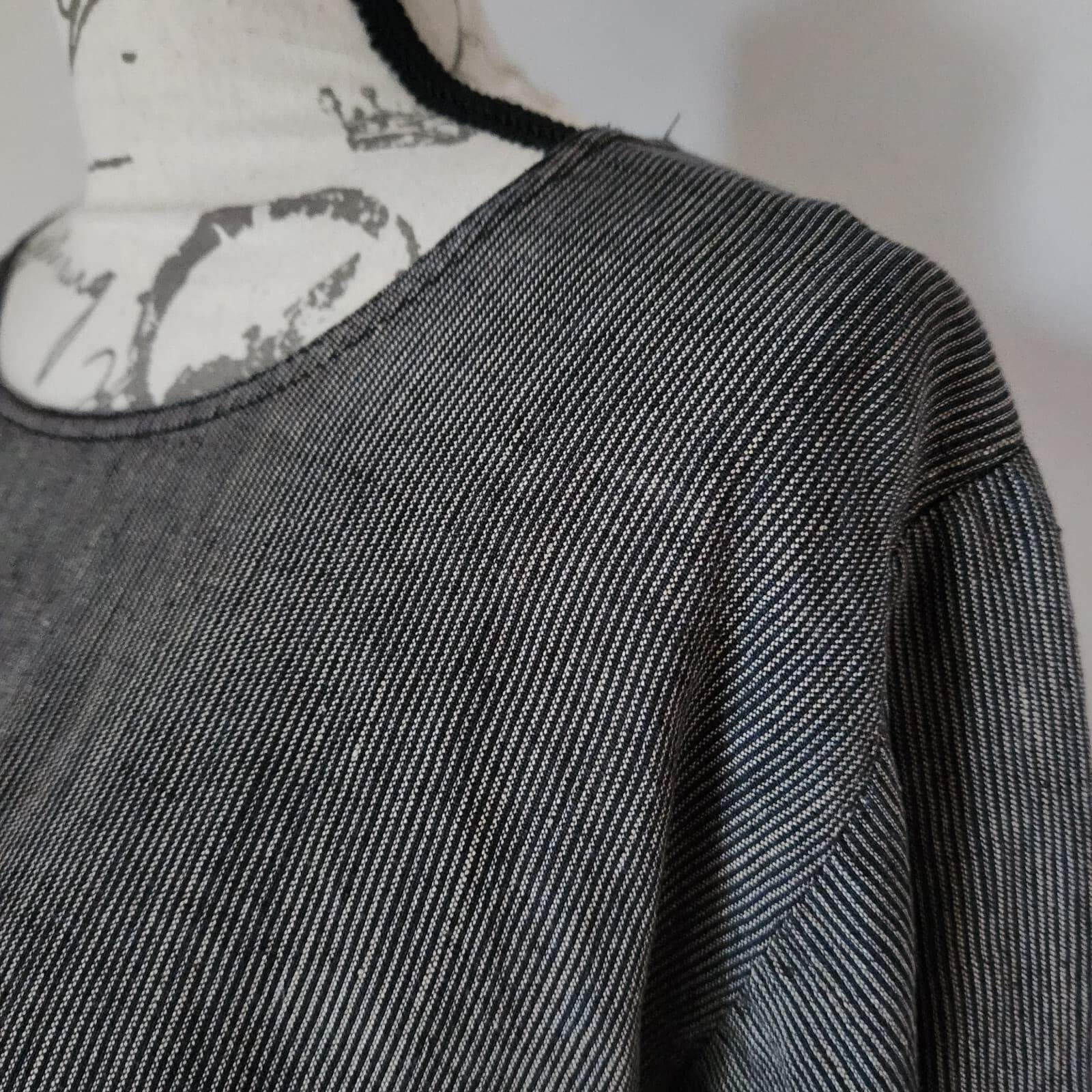 What's Up Lagenlook Linen Pinstripe Top Button-Accent Long Sleeve Black Women S - Thumbnail 4