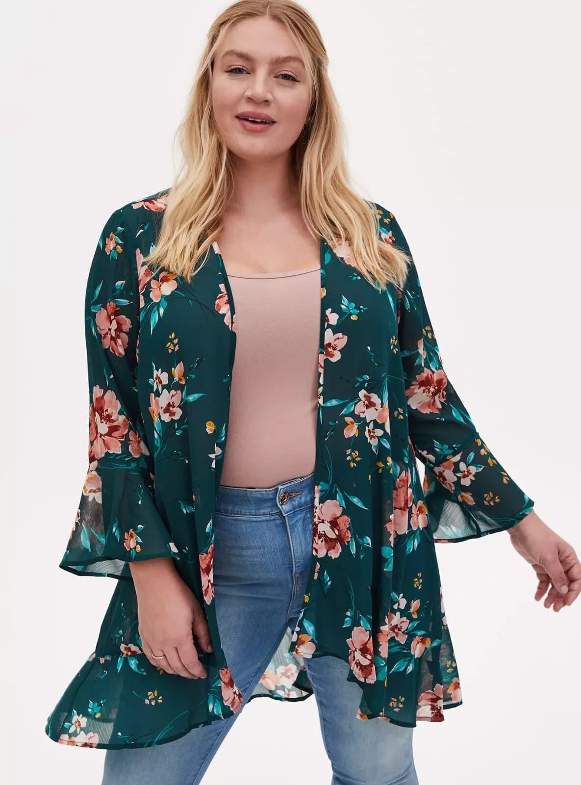 NWT Torrid $55 Floral Sheer Chiffon Tulip Sleeve Kimono Top Ruffle-Hem Green 2X - Thumbnail 3