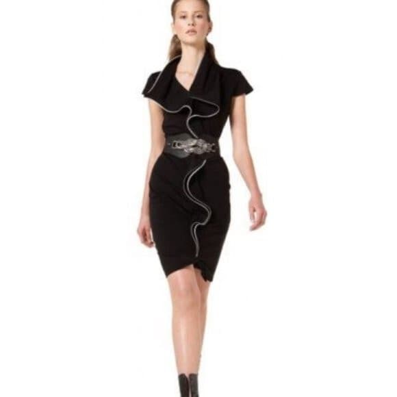 Samuel Dong Zipper Ruffle Midi Sheath Dress Sleeveless Stretch Black Women's M - Thumbnail 2