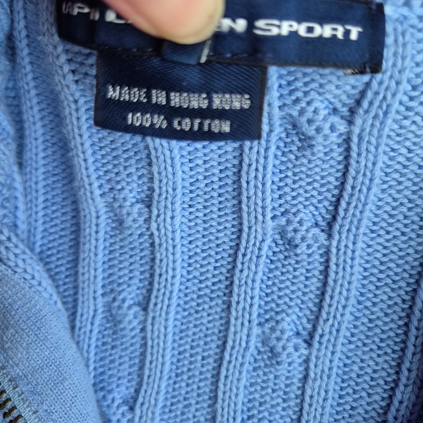Vintage Y2K Ralph Lauren Sport Cotton Cable Knit Cardigan Pocket Blue Women's XL - Thumbnail 11