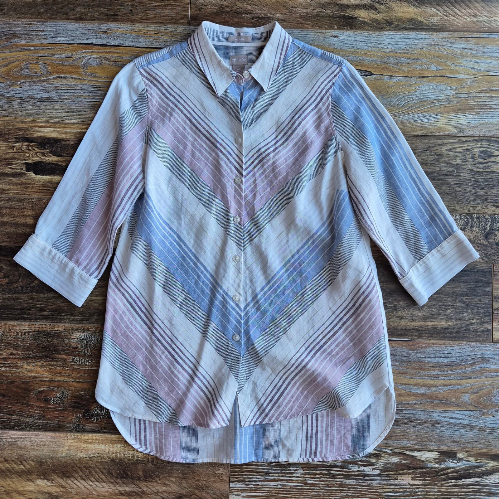 Chico's No Iron Linen Button-Up Shirt 3/4 Sleeve Multicolor Stripe Sz.2OP (4/6P) - Thumbnail 4