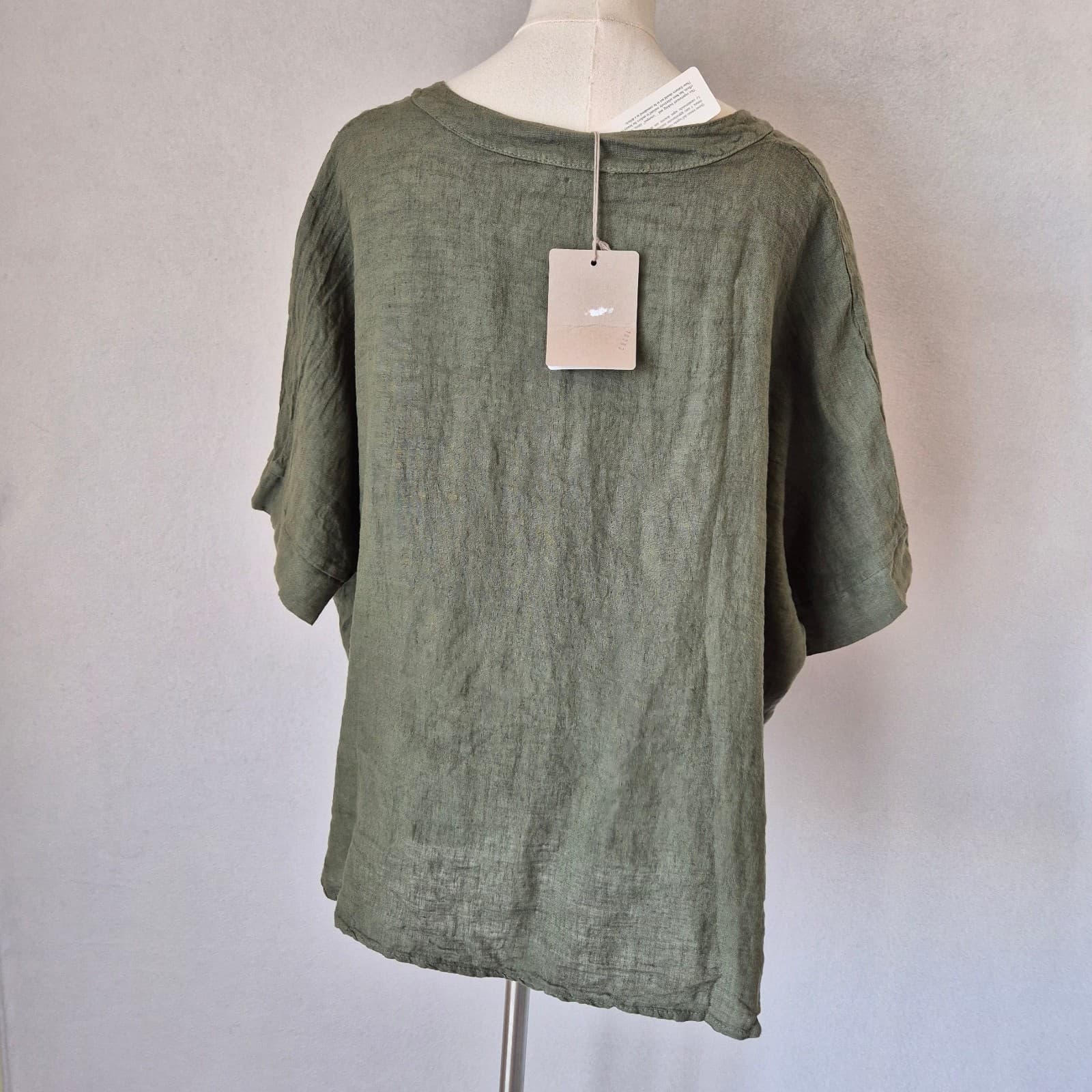 NWT New Collection Wendy Moda Made in Italy Linen Lagenlook Boxy Blouse Green OS - Thumbnail 5