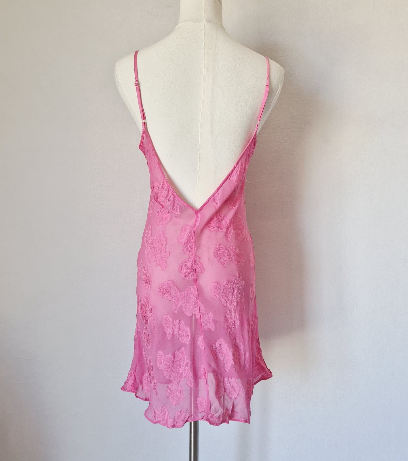 PajamaGram Silk Blend Pink Floral Textured Sheer Mini Chemise Slip Night Gown S - Thumbnail 4