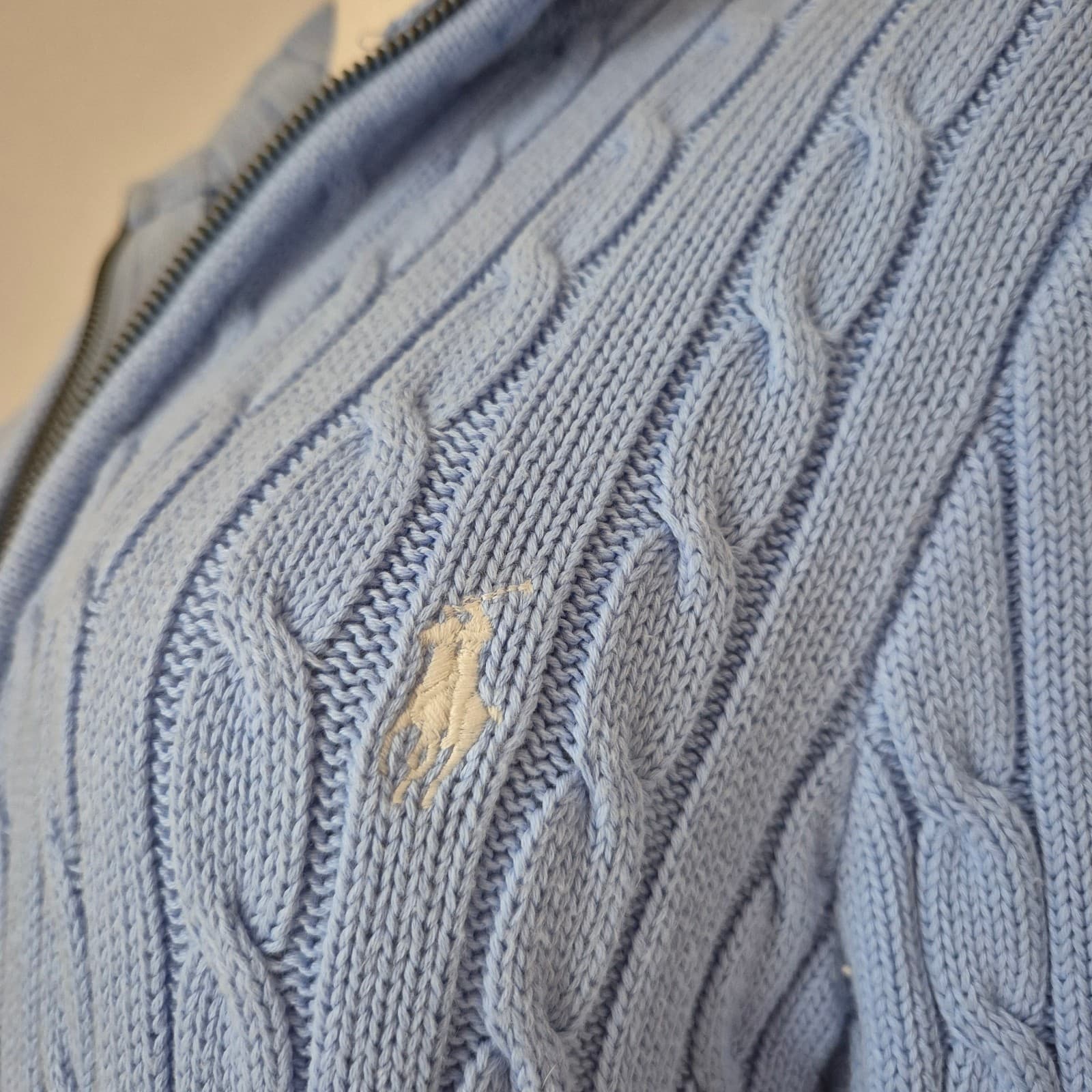 Vintage Y2K Ralph Lauren Sport Cotton Cable Knit Cardigan Pocket Blue Women's XL - Thumbnail 7