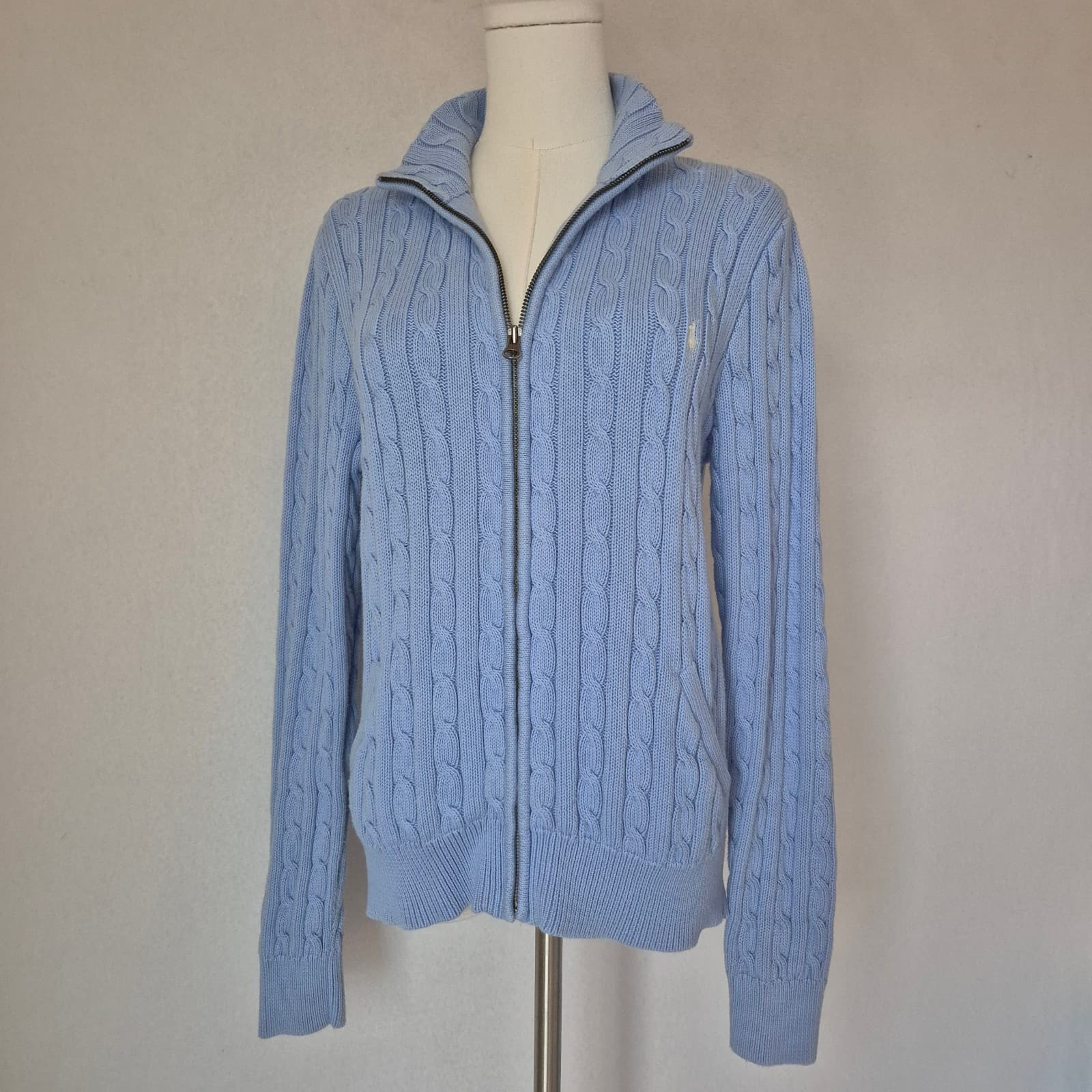 Vintage Y2K Ralph Lauren Sport Cotton Cable Knit Cardigan Pocket Blue Women's XL - Thumbnail 6