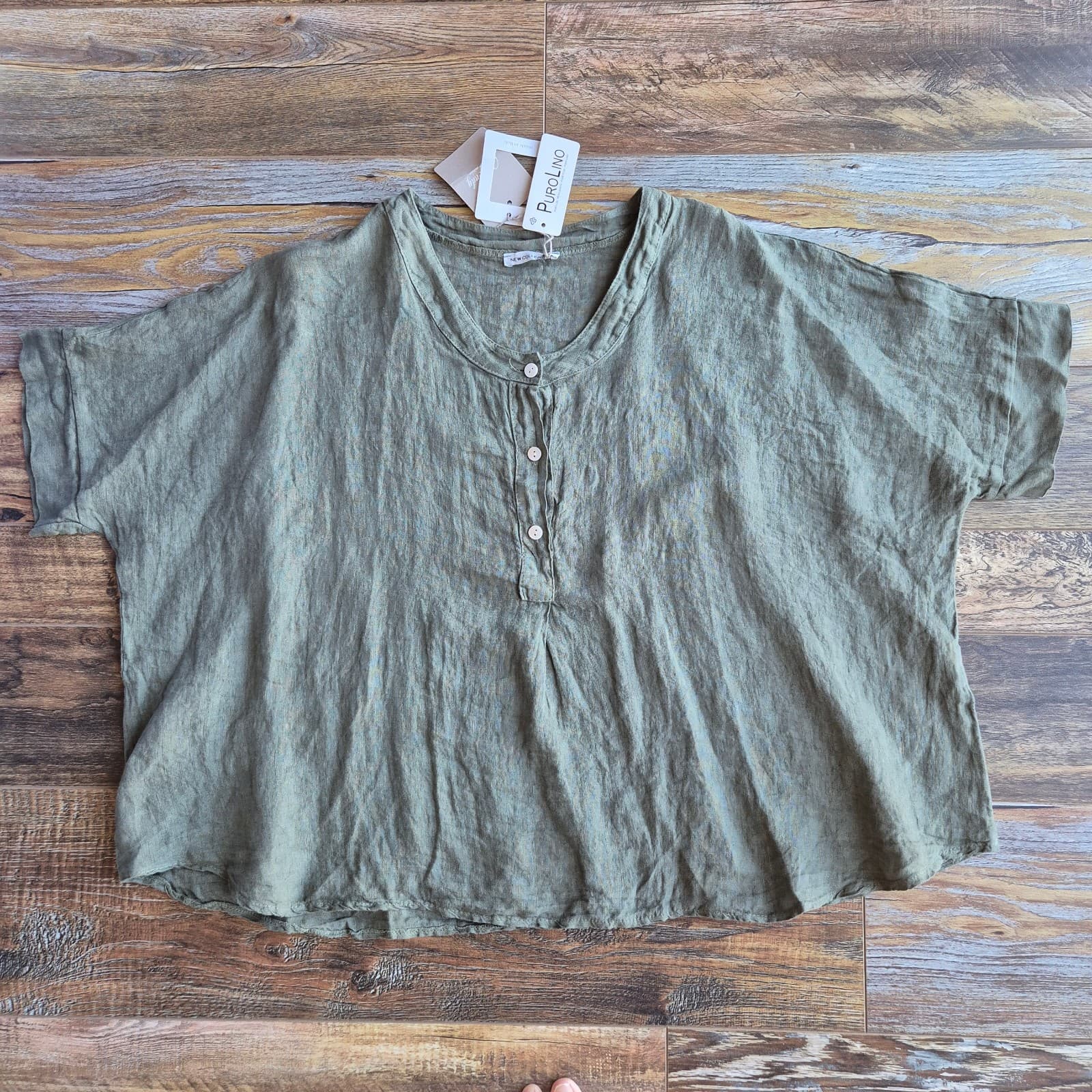 NWT New Collection Wendy Moda Made in Italy Linen Lagenlook Boxy Blouse Green OS - Thumbnail 3