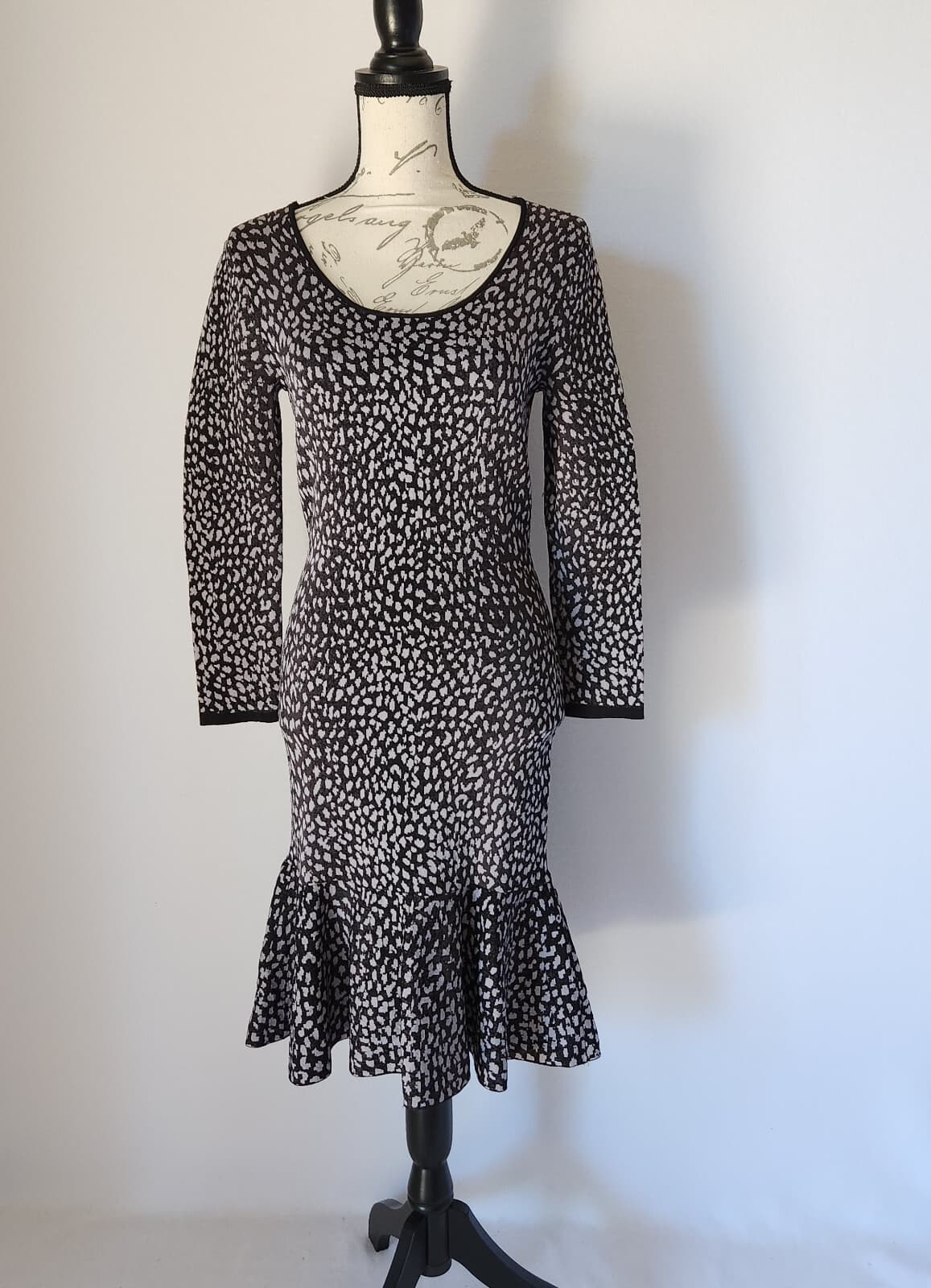 NWoT Rebecca Taylor Leopard Knit Dress Bodycon Long Sleeve Black Grey Sz.S - Thumbnail 3