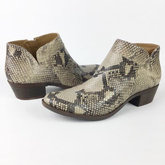 EUC Lucky Brand Brintly2 Snakeskin Leather Bootie Zipper Tan-Black Women US11M - Thumbnail 3