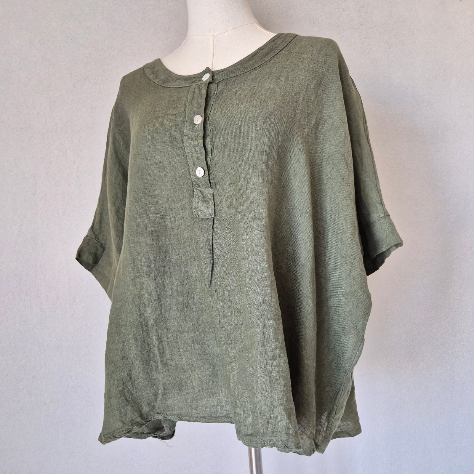 NWT New Collection Wendy Moda Made in Italy Linen Lagenlook Boxy Blouse Green OS - Thumbnail 4