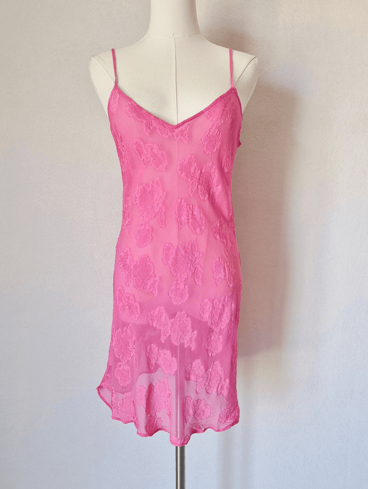 PajamaGram Silk Blend Pink Floral Textured Sheer Mini Chemise Slip Night Gown S - Thumbnail 2