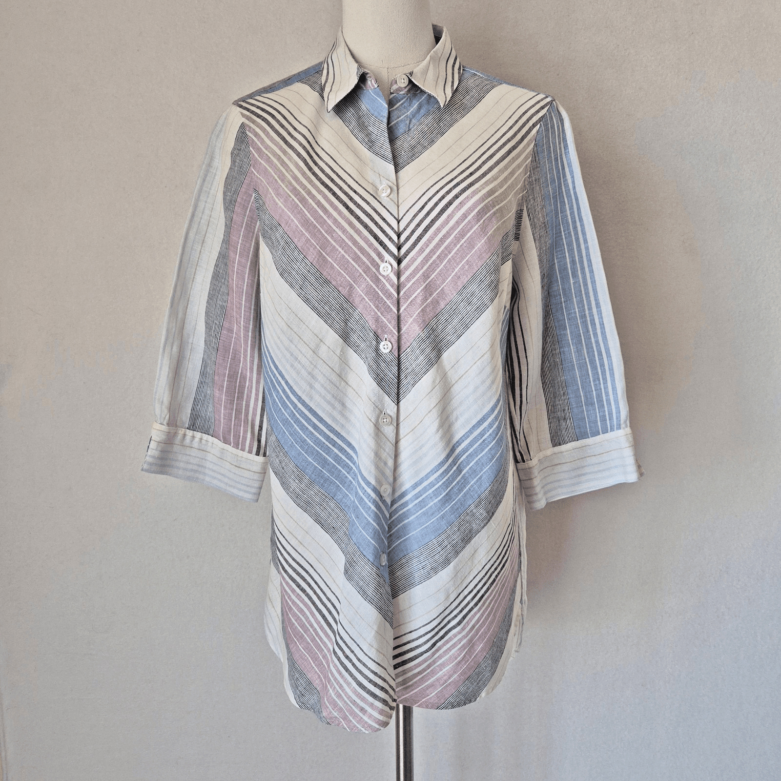 Chico's No Iron Linen Button-Up Shirt 3/4 Sleeve Multicolor Stripe Sz.2OP (4/6P) - Thumbnail 2