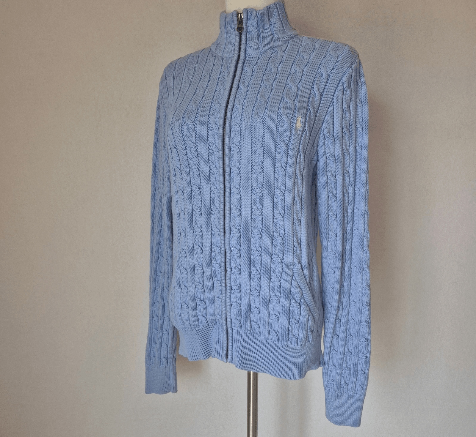 Vintage Y2K Ralph Lauren Sport Cotton Cable Knit Cardigan Pocket Blue Women's XL - Thumbnail 4