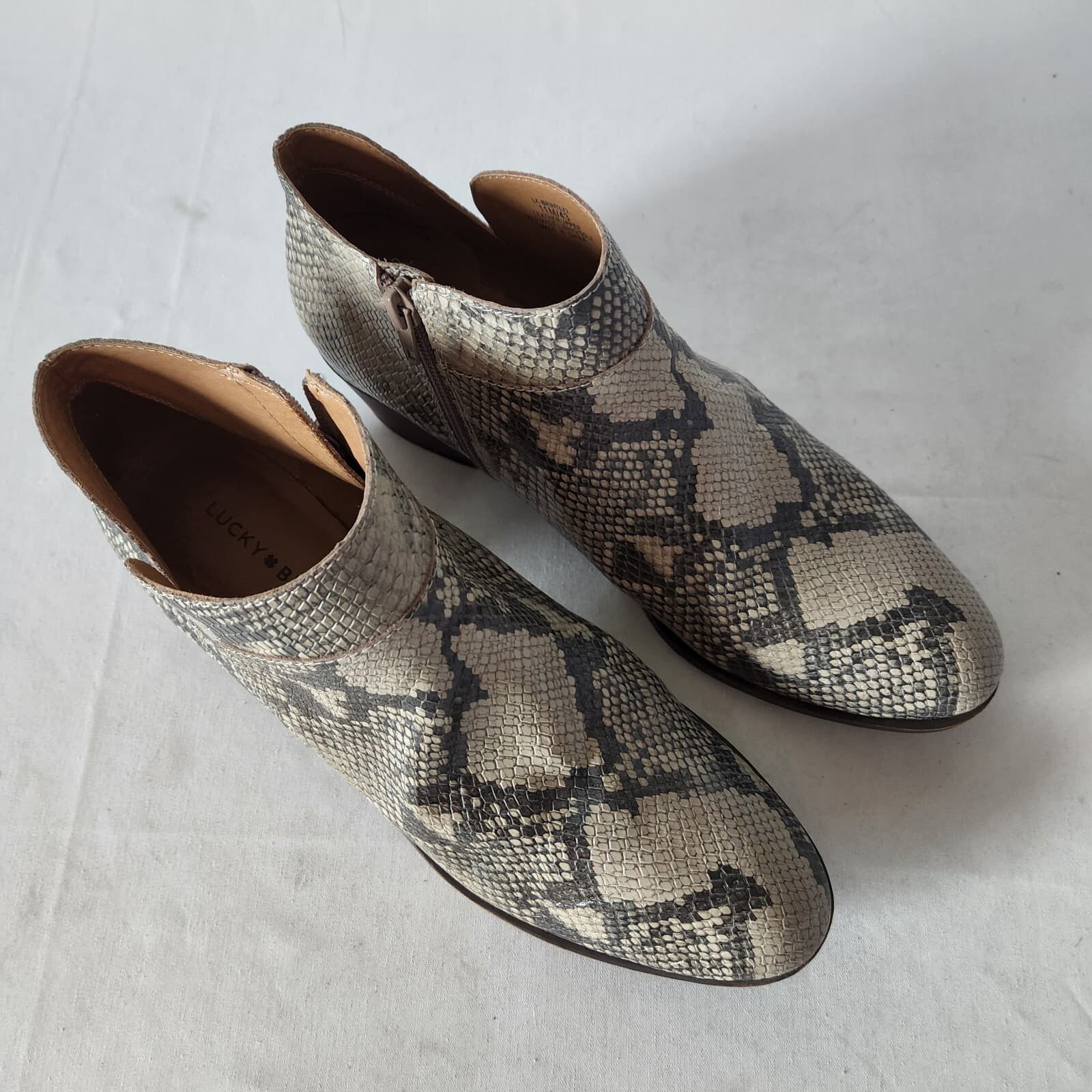 EUC Lucky Brand Brintly2 Snakeskin Leather Bootie Zipper Tan-Black Women US11M - Thumbnail 5