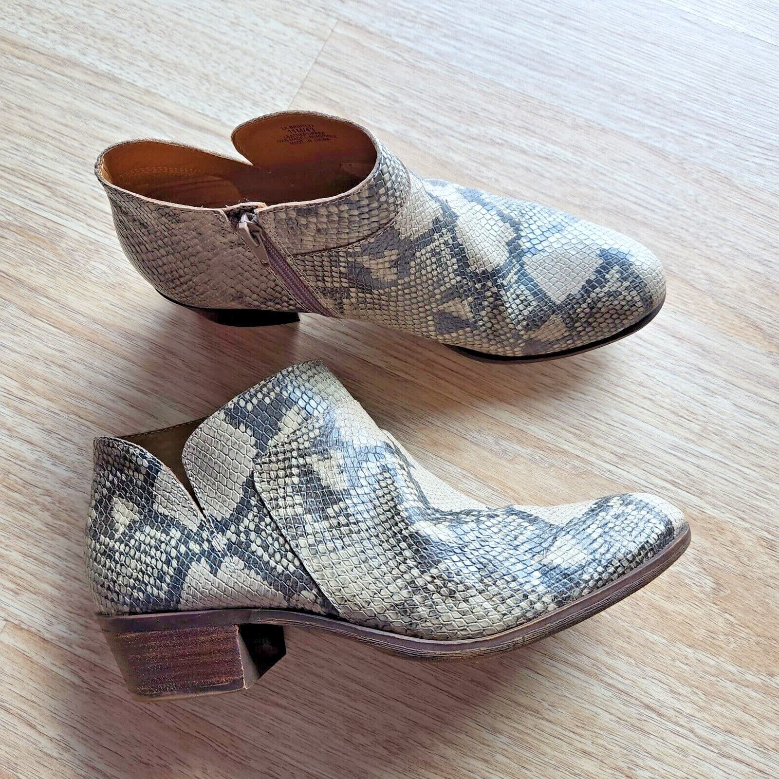EUC Lucky Brand Brintly2 Snakeskin Leather Bootie Zipper Tan-Black Women US11M - Thumbnail 2